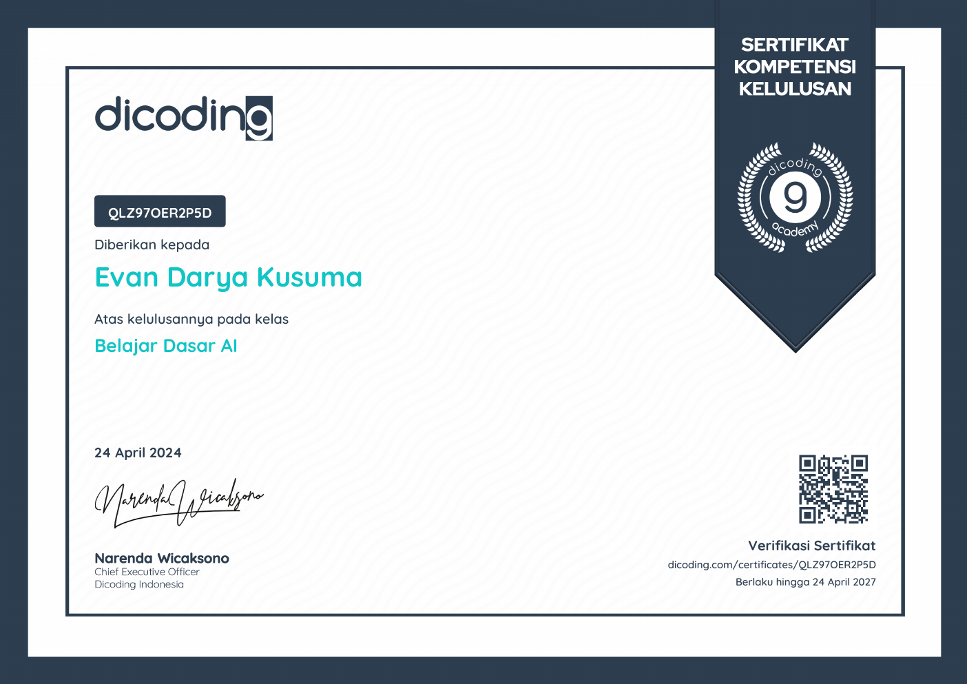 Belajar Dasar AI certificate preview