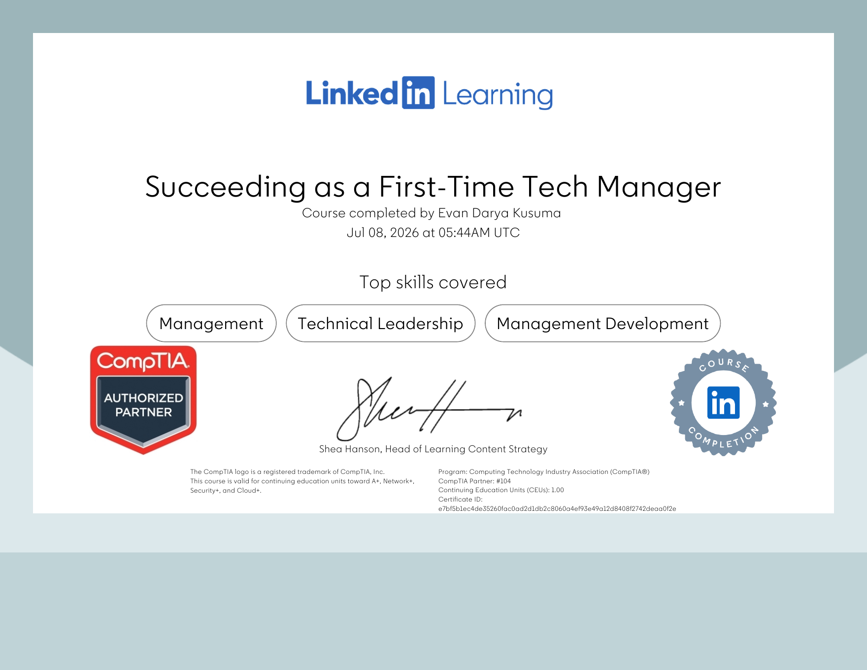 Succeeding as a First-Time Tech Manager - CompTIA CEU certificate preview