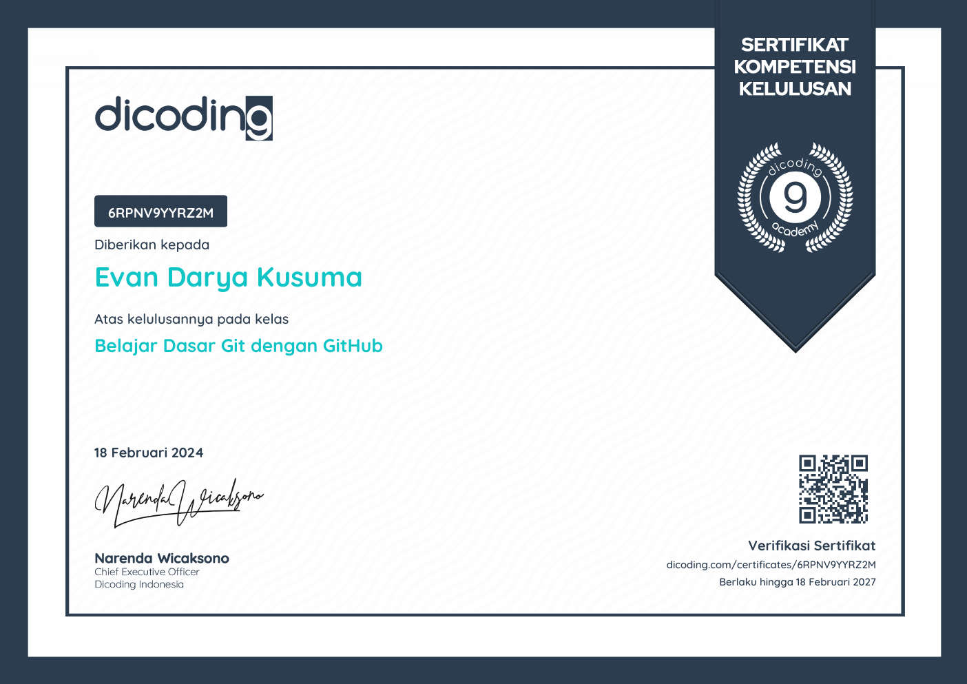 Belajar Dasar Git dengan GitHub certificate preview