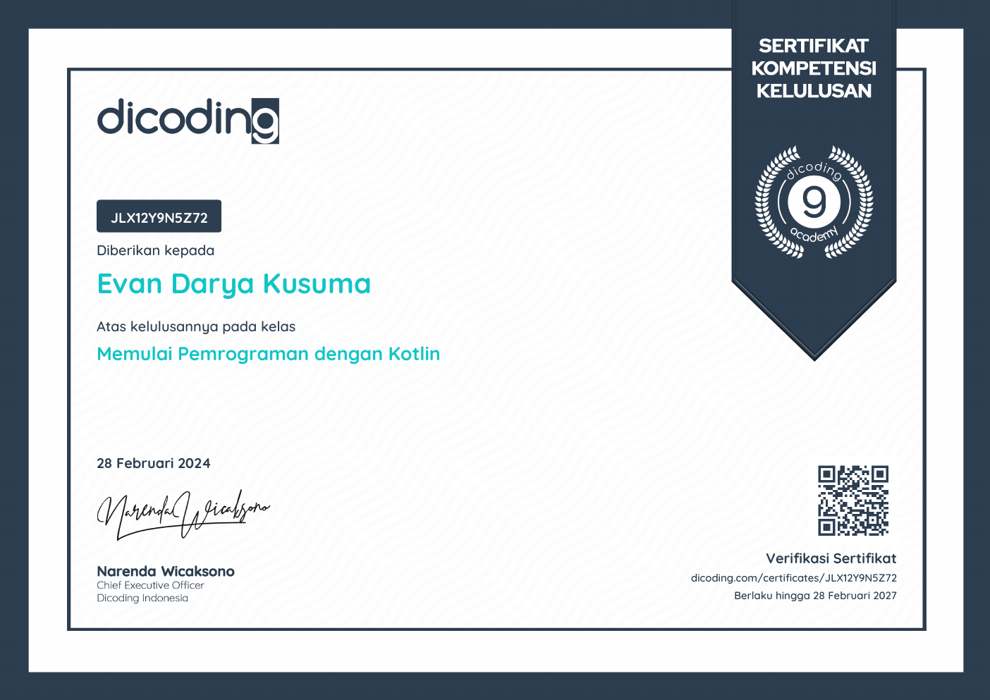 Memulai Pemrograman Dengan Kotlin certificate preview