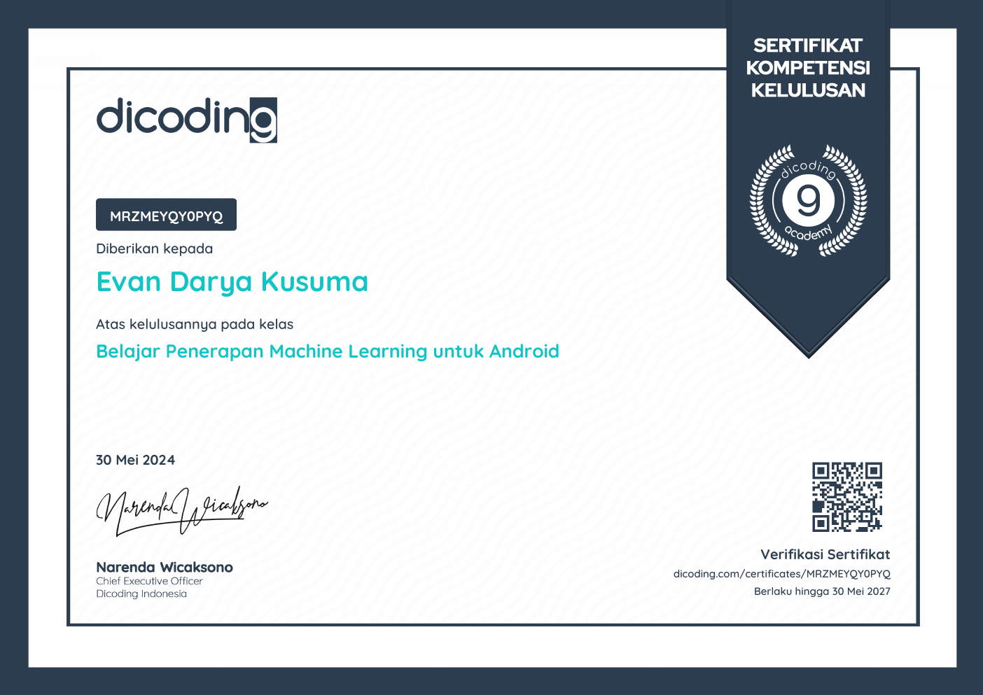 Belajar Machine Learning untuk Android certificate preview